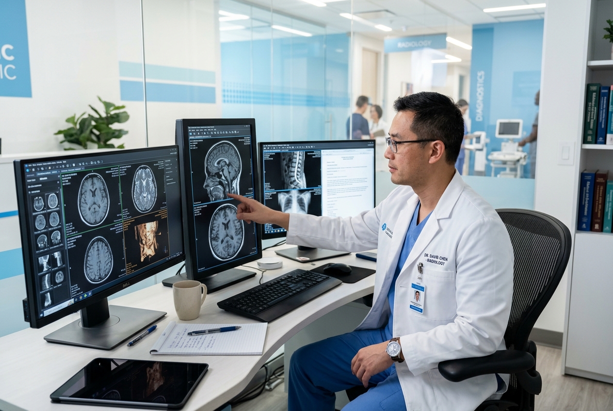 Médico radiólogo analizando imágenes DICOM en pantallas